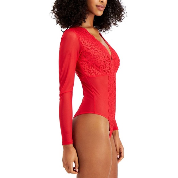 INC International Concepts Not So Basic LS Lace Mesh Bodysuit Red NWT $50 Large - Picture 2 of 12